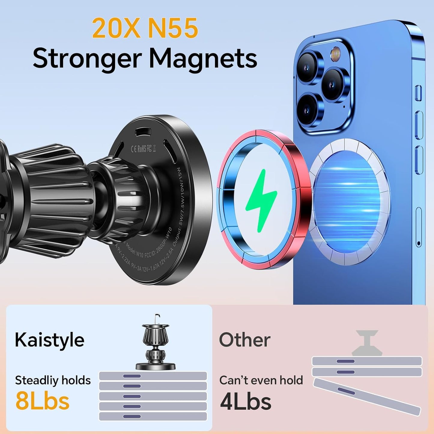Kaistyle for MagSafe Car Mount Charger【Stronger Magnets】 iPhone Magnetic Wireless Car Charger【Dashboard+Vent】 for Magsafe Charger Cell Phone Car Mount for iPhone 16 Pro Max 15 14 13 12 MagSafe Cases