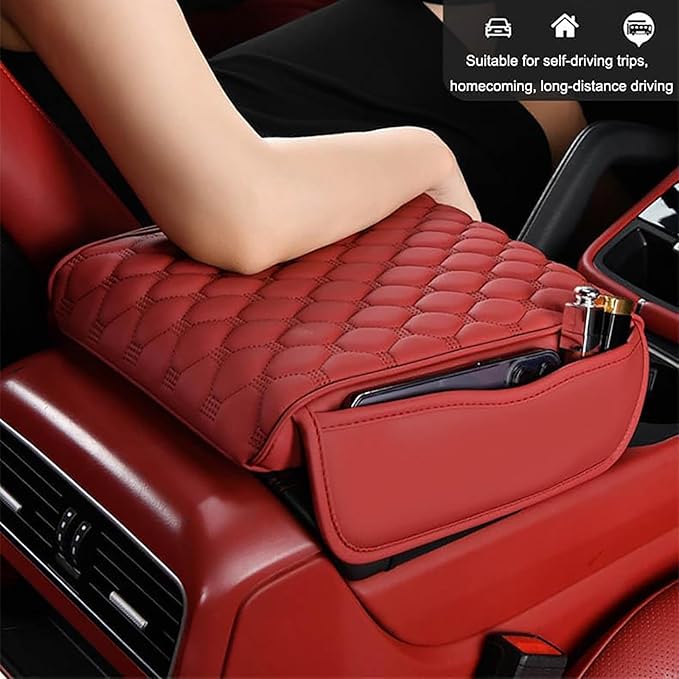 Car Center Console Cushion Pad for Hyundai Elantra 2017-2020, Leather Armrest Box Pad Armrest Cover Arm Rest Cover Pad with 2 Storage Bags Waterproof for Most Vehicles Vehicles SUVs, F/Red