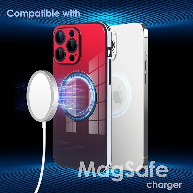Guppy Compatible with iPhone 14 Pro Max Case Magnetic, with Full Camera Lens Protector [Compatible with MagSafe] Scratch Resistant Gradient Glass Back Cover Phone Case-Red
