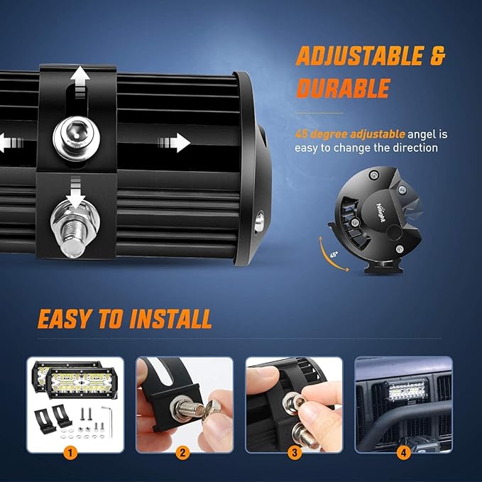 Nilight 6.5Inch 2PCS 120W Spot Flood Combo Bar Driving Waterproof Off Road Led Light with Mounting Bracket Kit Wiring Harness-2 Leads, 2 Years Warranty