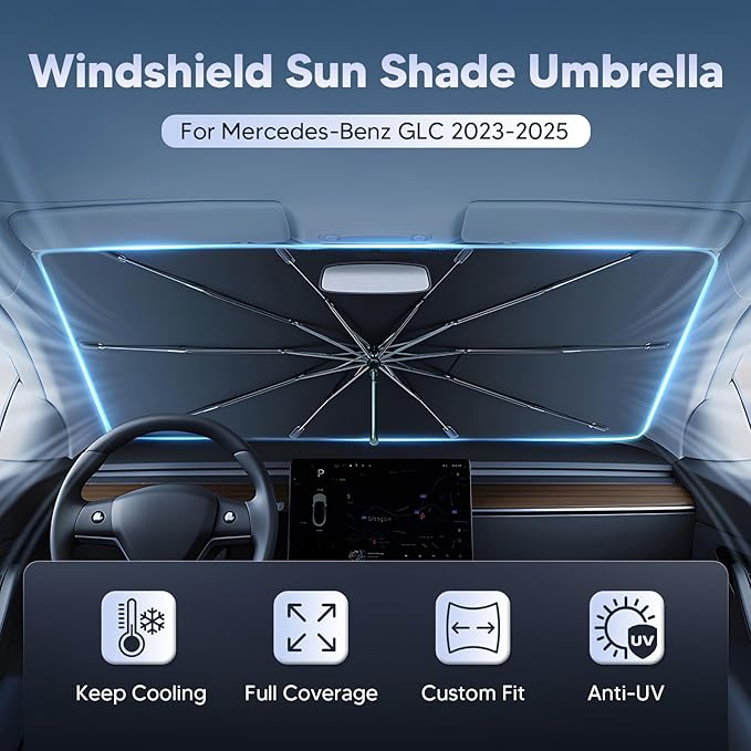 Autorder Windshield Sun Shade Umbrella for 2023-2025 Mercedes-Benz GLC Accessories,Upgraded Ice Crystal Material,Easy Setup Umbrella Sunshade for Car Windshield,100% Sun Blocking