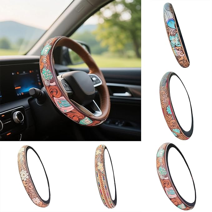 Steering Wheel Cover Western Car Tooled Leather Retro Cowboy Car & Truck Accessory, Universal 15 Inch Non Slip Wheel Cover for SUV, Pickup, Comfortable Grip, Easy to Install (Sky Blue)