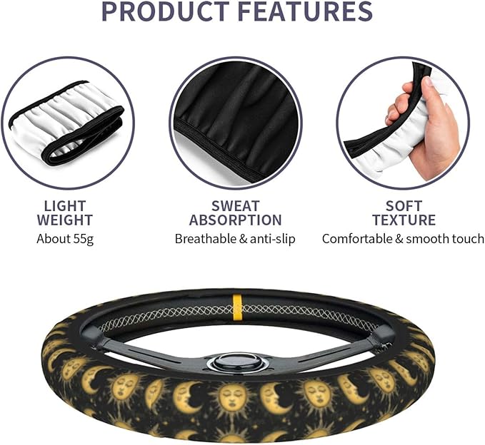 Sun and Moon Cute Steering Wheel Cover Non-Slip Breathable Sweat-Absorbent Suitable for SUV Van Truck Car Universal Protection Accessories 15 Inch Suitable for Women Men