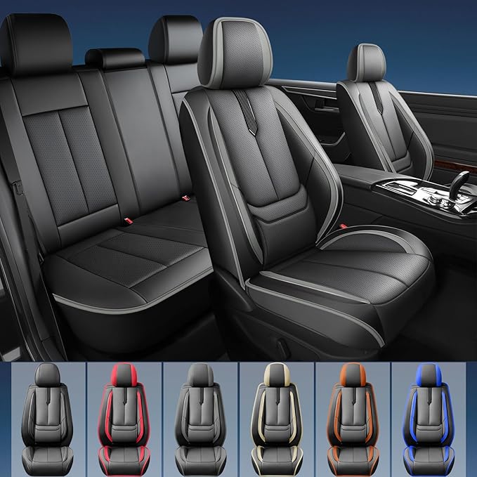 Fit Highlander Car Seat Covers for Toyota Highlander 2007-2026 -Upgraded Premium Waterproof & Breathable Leather,Airbag Compatible,All-Weather Seat Cushion Protector,2 Front/Black-Grey