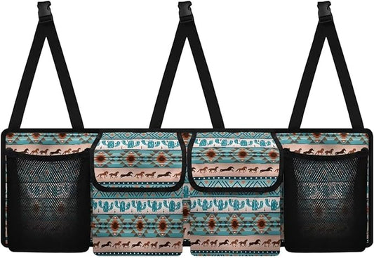 Aztec Ethnic Horse Large Capacity Car Trunk Organizer, Waterproof Oxford Backseat Hanging Storage Bag with 4 Pockets, Foldable Car Organization for Car Tools, Car Accessory for SUV Truck