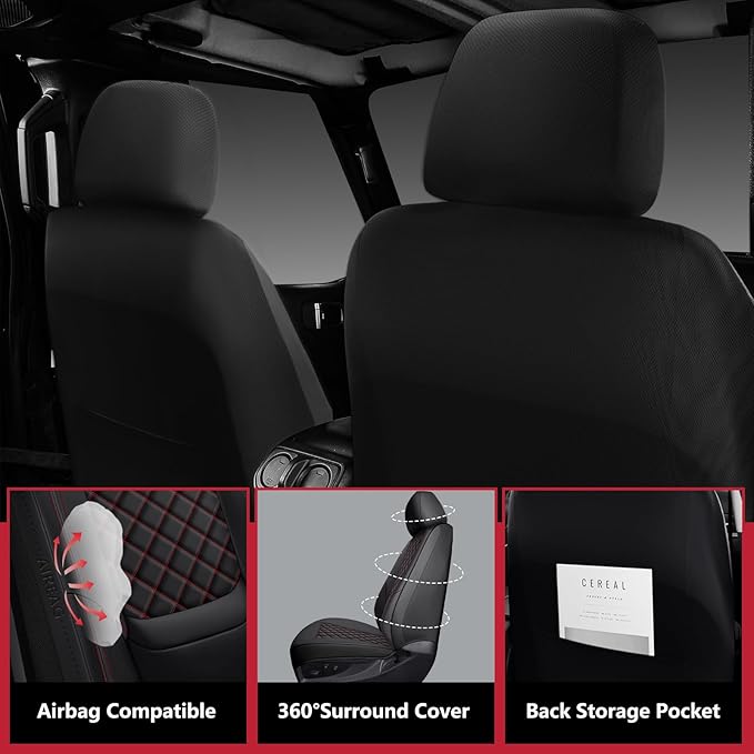 Wrangler Seat Covers 2007-2026 Front Pair, Waterproof Interior Sets with Lumbar Support Custom Fit for Jeep Wrangler JK JL 2/4 Door Unlimited Sahara/Sport/Rubicon X 392 Willys, Black Red