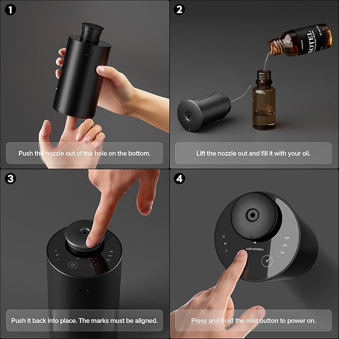 Airversa Waterless Essential Oil Diffuser Starter Kit with 4x10mL Hotel Fragrance Oils for Home Car Office, Premium Aluminum Housing, Up to 600 sq ft, Aroma Nebulizer Baterry Operated, ANX Kit-D Black