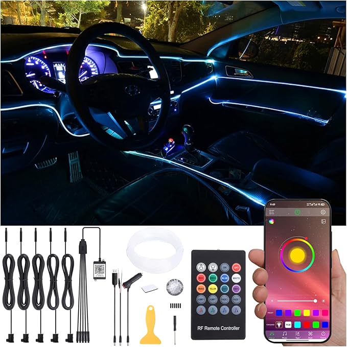 6 m Optic Fiber Car Ambient Lighting Kit Bluetooth App Control + RF Remote Control 64 Colors Multicoloured Music Interior Lighting Kit 12V 1W