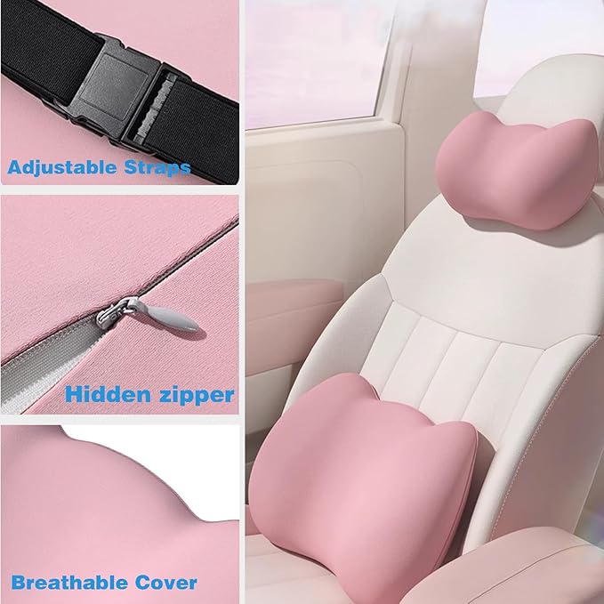 Lumbar Support Pillow for Car/Office Chair, Memory Foam Back Cushion for Car Seat, Lower Back Pillow Fits Most Cars, Trucks, with Adjustable Strap and Washable Cover, Back Pain Relief,Black