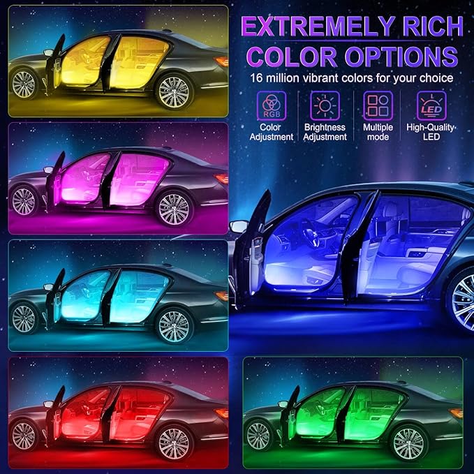 LivTee Interior Car LED Lights, Smart RGB Ambient Lighting with App & Remote Control, Music Sync & DIY Modes, 4-Line Separate Design LED Strip Lights, USB Powered, Car Accessories for Women