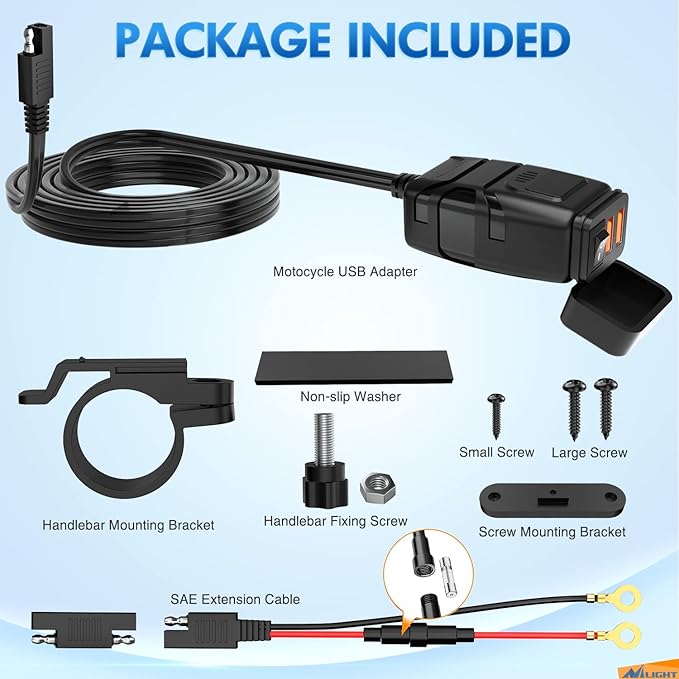 Nilight Motorcycle Charger with 12V Voltmeter Independent On Off Switch SAE USB Adapter Inline 10A Fuse Waterproof 6.8A Dual QC3.0 Fast Charging Phone Tablet for 7/8inch Handlebar ATV