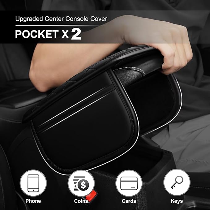 Upgraded Car Center Console Cover Fit for Tacoma Faux Leather Car Armrest Cover Cushion with 2 Storage Bags,Car Armrest Storage Box Interior Accessories(Black)