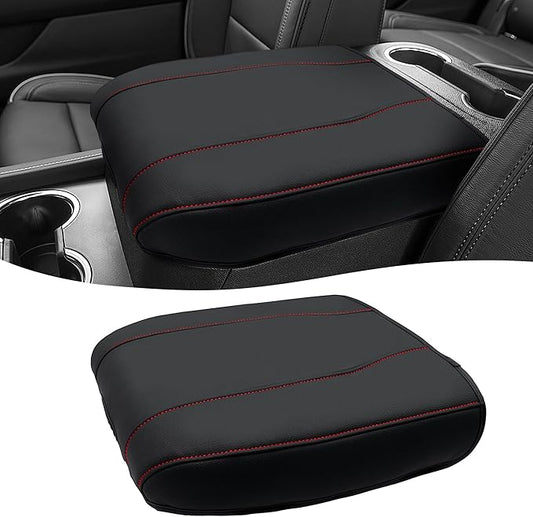 Center Console Cover for Chevy Silverado 1500 Accessories & GMC Sierra 2019-2026, Yukon & Tahoe & Suburban 2021-2026, Bucket Seat Only, Vinyl Armrest Middle Console Cover, Black-Red Stitch