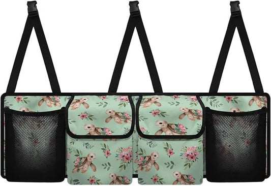 Sea Turtle Flower Car Trunk Organizer, Backseat Hanging Large Storage with Adjustable Straps & 4 Pockets, Waterproof Cargo Bag, Car Interior Accessories