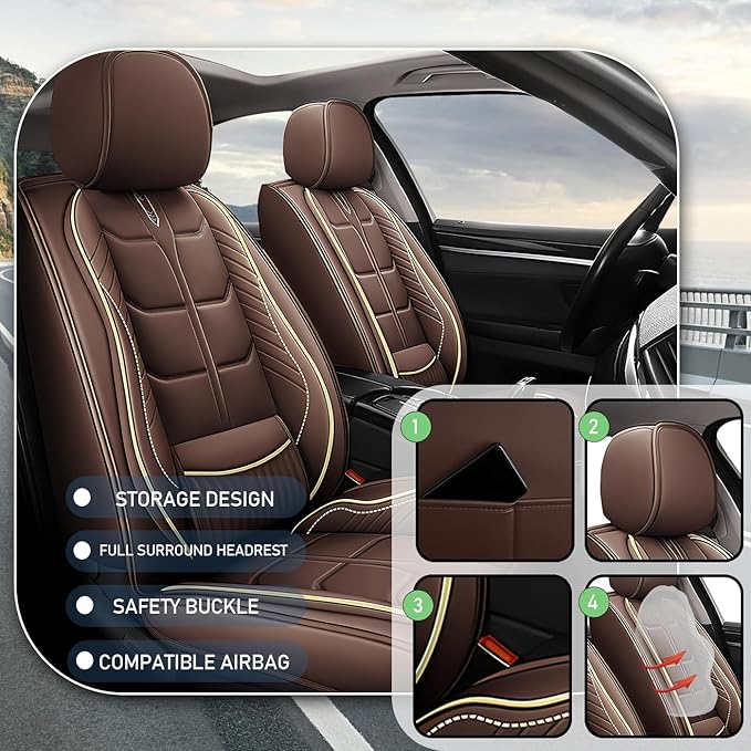 Leather Car Seat Covers Fit for Toyota Yaris 2007-2020, 5 Seater Car Seat Cover, Premium Waterproof, Scratch Resistant Car Interior Accessories (Full Set Coffee)