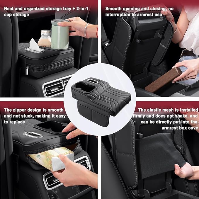 Car Armrest Storage Box for Cadillac SRX 2004–2016 2013 2014 2015, Sport-Style Center Console Organizer with Side Pocket, PU Leather Armrest Cushion, Elbow Support Pad,D Beige