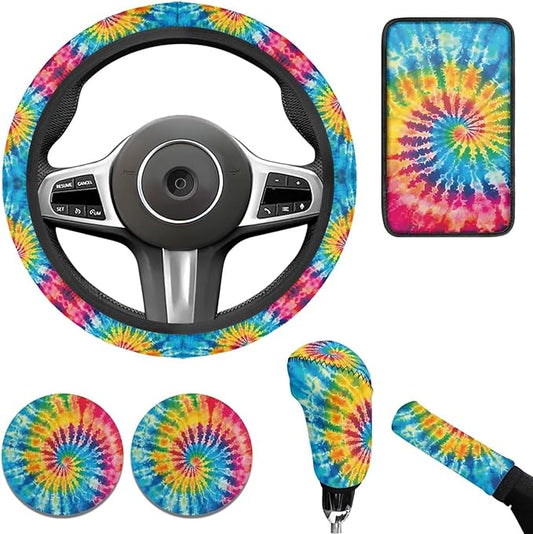 Blue Tie Dye 6pcs Car Interior Accessories Protector Set Car Steering Wheel Cover for Women Cup Coaster Handbrake Gear Cover Suit for Most Cars Truck Vans SUV