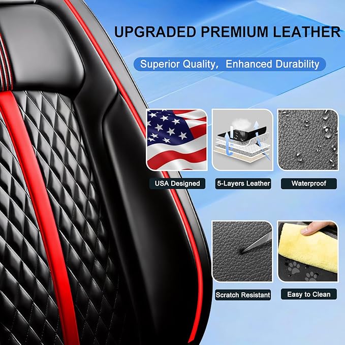 Fit CX-50 Car Seat Covers for Select Mazda CX50 2023-2026 - Premium Full Coverage Leather, Airbag Compatible, Luxury Waterproof All Weather Breathable Seat Protector, Full Set, Red Trim
