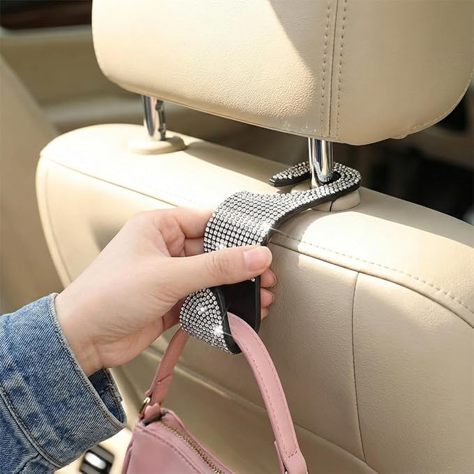 4PCS Bling Car Seat Headrest Hooks, Crystal Rhinestone Vehicle Back Seat Hanger Holder, Auto Interior Headrest Hanging Storage Organizer for Purse Handbag Coat, Universal Fit (Lake Blue)