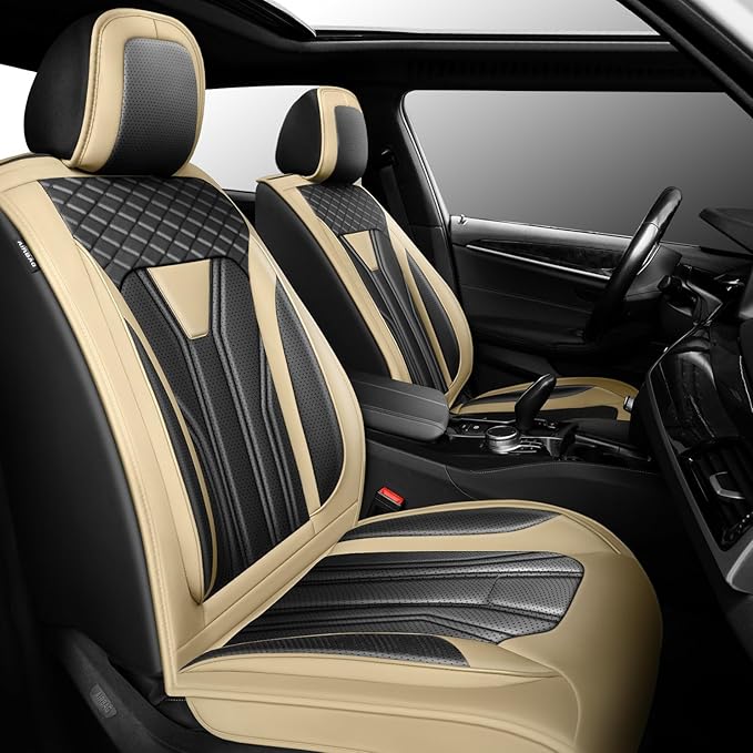 Fit Versa Car Seat Covers Compatible with Nissan Versa 2008-2025 2026 - Premium Leather， Waterproof Breathable， All-Weather Seat Cushion Protecto&Airbag Compatible (2 Front Seat Beige&Black)