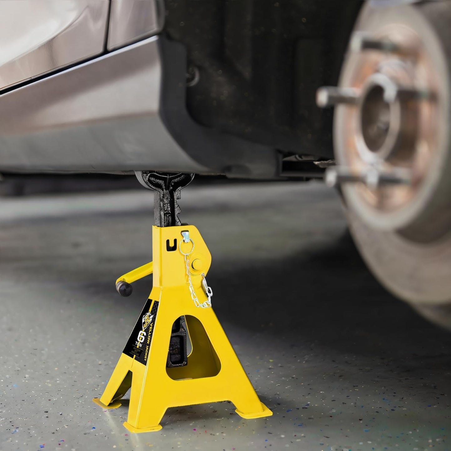 YELLOW JACKET Jack Stands 6 Ton with Double Locking and Large Foot Base for Lifting SUVS, Heavy Duty Steel, 13000 lb Capacity, 1 Pair, Yellow