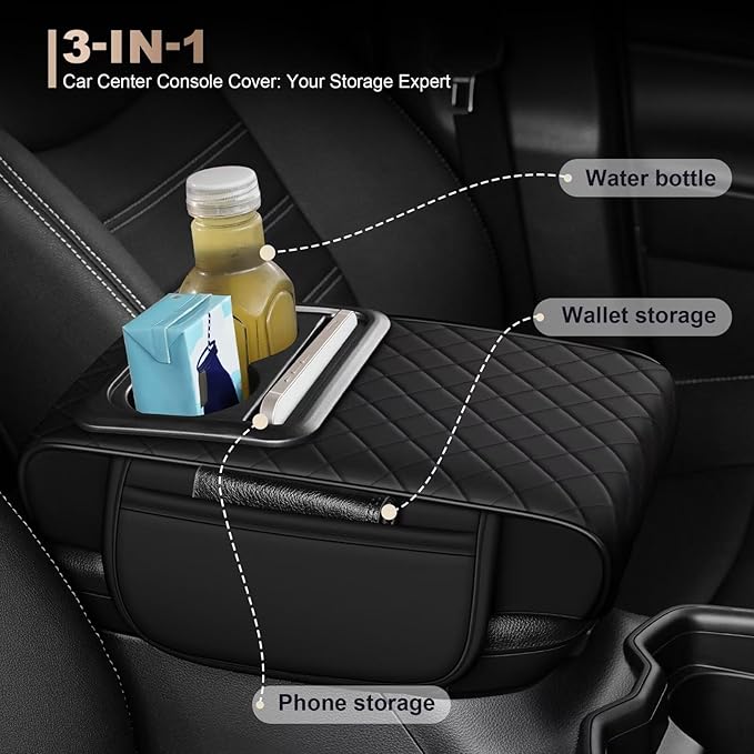 Center Console Cover Fit for Highlander Faux Leather Car Armrest Cushion with Storage Bags, Cup Holder ＆ Phone Storage Multifunctional Middle Console Cover(Black)