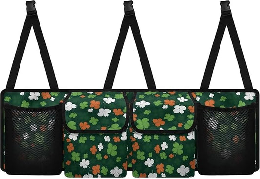 Lucky Leaf Car Trunk Organizers, St. Patrick's Day Backseat Hanging Organizer with 4 Large Storage Bag, Waterproof Car Organizer with Adjustable Strap, Road Trip Large Capacity Bag