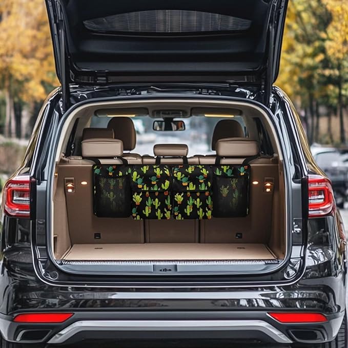 Green Cactus Car Trunk Organizer for SUV Back Seat Hanging Organizer with Elastic Net Collapsible Cargo Storage Bag Car Interior Accessories