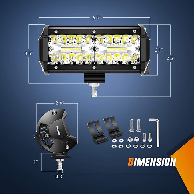 Nilight 6.5Inch 2PCS 120W Spot Flood Combo Bar Driving Waterproof Off Road Led Light with Mounting Bracket Kit Wiring Harness-2 Leads, 2 Years Warranty