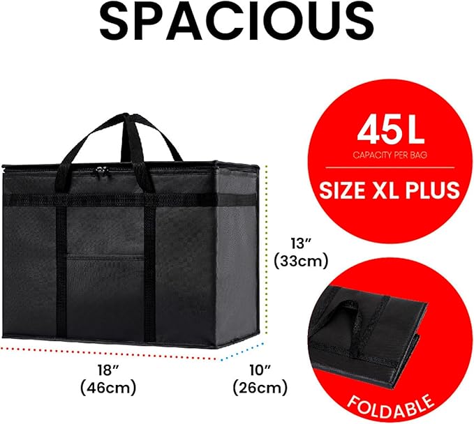 NZ home Insulated Bags for Food Delivery (XL Plus) Grocery Shopping Cooler Bag, Pizza Delivery, Hot & Cold Catering Tote, Reusable, Foldable & Heavy Duty (2 Pack, Orange)