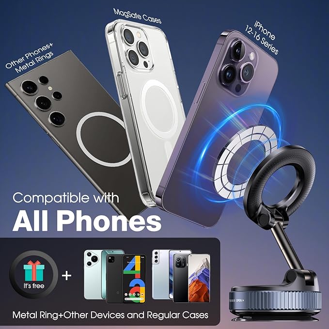 360° Rotatable Vacuum Magnetic Phone Holder, Foldable and Retractable Suction Cup Car Phone Mount for Car/Gym/Mirror/Smooth Surface, Compatible with iPhone Android and All Smartphones (Black)