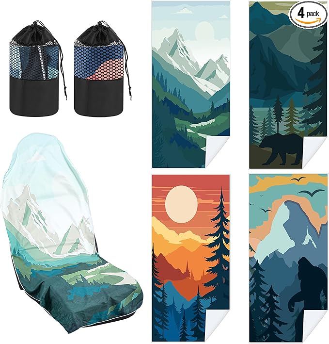 4 Pack Car Seat Towel Covers with Storage Bag 63 x 32 Inch Athletic Running Towel Seat Sweat Washable Non Slip Cover Gift for Car Outdoor Sport Activities (Landscape)