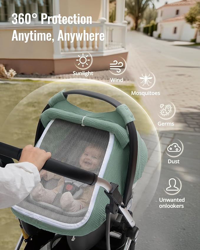 Blissful Diary Baby Car Seat Cover, Extra Large Mesh Window, Breathable Muslin Cotton, Infant Windproof Canopy, Must-Have Baby Gift - Roman Green