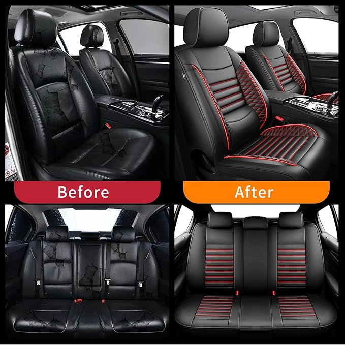Fit Prius Car Seat Covers for Toyota Prius 2001-2024 2025 2026 - Upgraded Premium Waterproof & Breathable Leather, Airbag Compatible, All-Weather Seat Cushion Protector (Full Set, Black+Red)