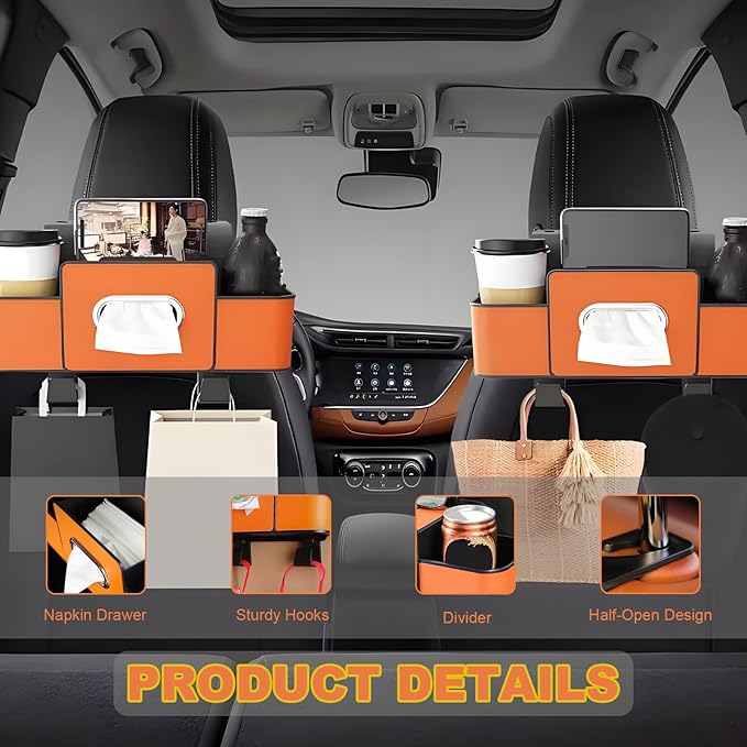 Car Back Seat Organizer, Multifunctional Car Seat Back Storage Box with 2 Cup Holders, Tissue Box for Hold Phones,Snacks, Drinks, Handbags (Orange)