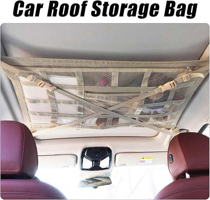 Overhead Car Organizer, Compatible with Ford F-150 XL/Raptor 2010-2025 Car Roof Storage Net Universal Car Ceiling Storage for Camping Storage Bag,Beige-Medium