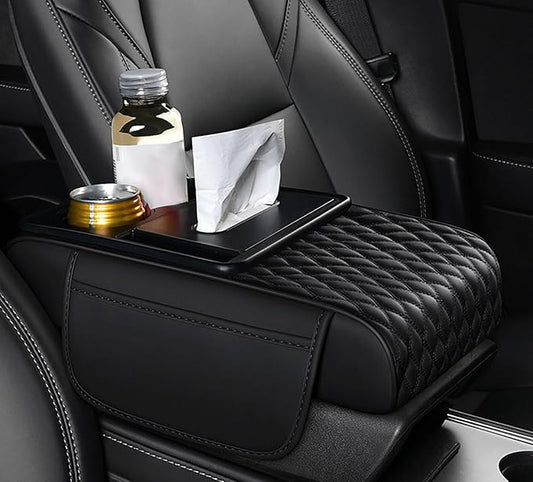 Car Armrest Center Console Cover for Hyundai Santa Fe 2000–2025, Center Console Pad with Cup Holder, Multifunctional Armrest Cushion,B Black