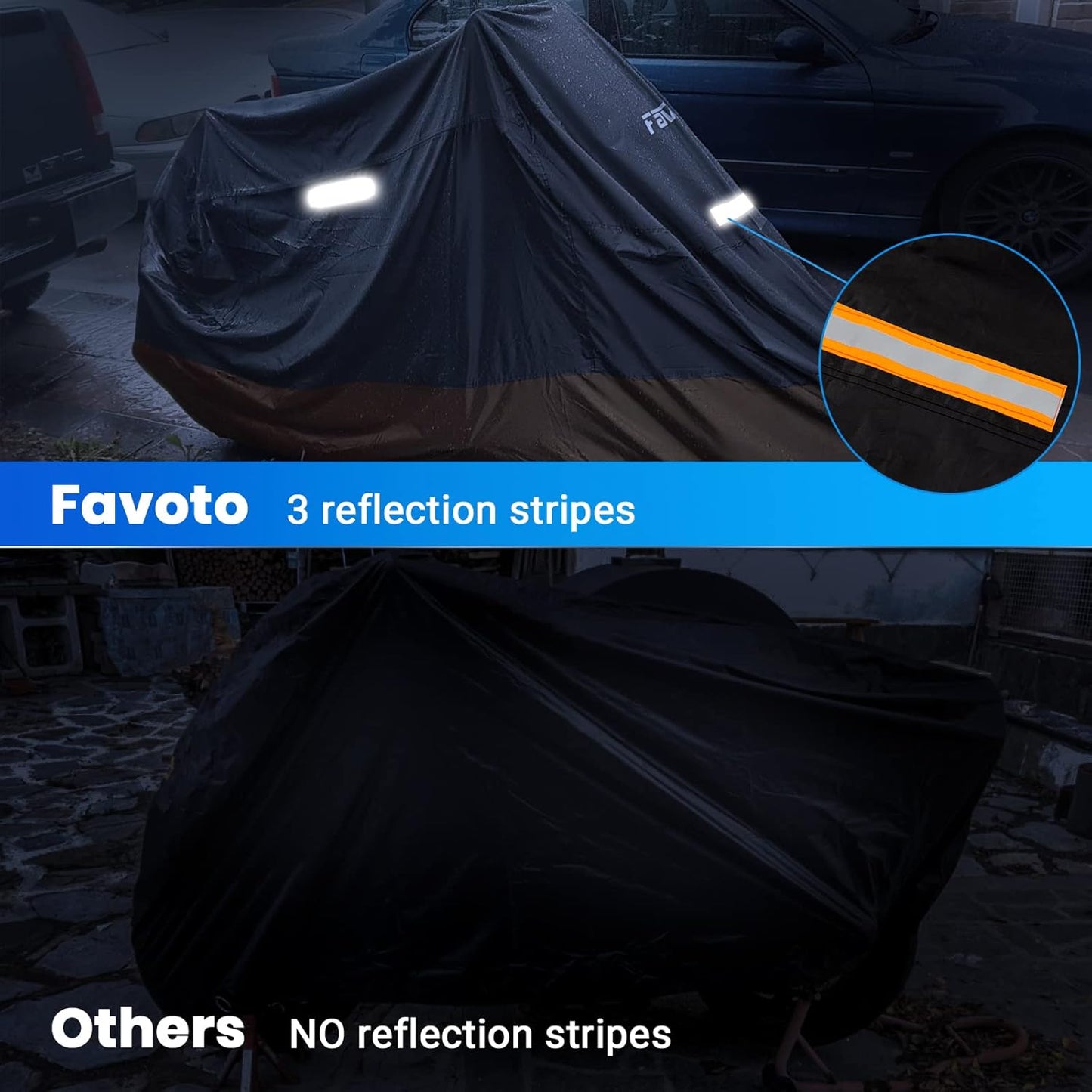 Favoto Motorcycle Cover Universal Heavy Duty Oxford Fabric with Lock-Hole 3 Night Reflectors Windproof Buckles Carrying Bag Waterproof Rain Dust Sun Outdoor Protection, Black-Orange, 104 inch