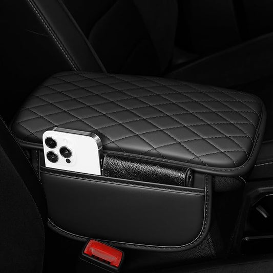 Center Console Cover Fit for Kia Optima 2006-2020 with 2 Storage Bags Waterproof Leather Quilted Pattern Car Armrest Cover Cushion Anti - Slip(Black)