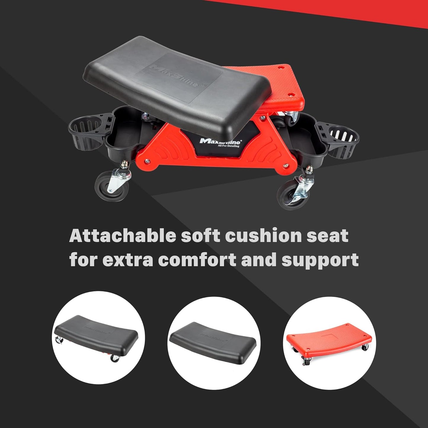 Maxshine Creeper II Detailing Creeper Seat | Complete Set, Black, Polyethylene, Steel Frame | Modular Design, Removable Cushion, 4" Wheels | Rolling Creeper for Car Detailing
