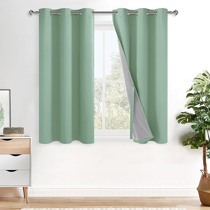 XWZO 100% Blackout Curtains 2 Panels with Tiebacks- Double Layers Heat and Full Light Blocking Window Panels with Grommets for Narrow Short Windows, Light Sage, W38 x L45, Set of 2