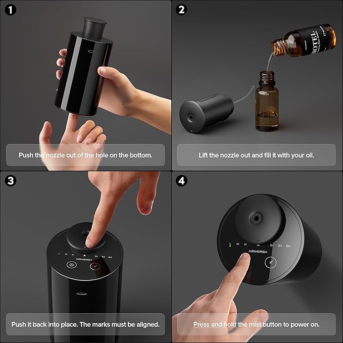 Airversa Waterless Essential Oil Diffuser Starter Kit with 30mL Hotel Fragrance Oil Inspired by BaCRT, Battery Operated Car Diffuser, Portable Aroma Nebulizer for Home Car Office, AN6Kit-C, Black