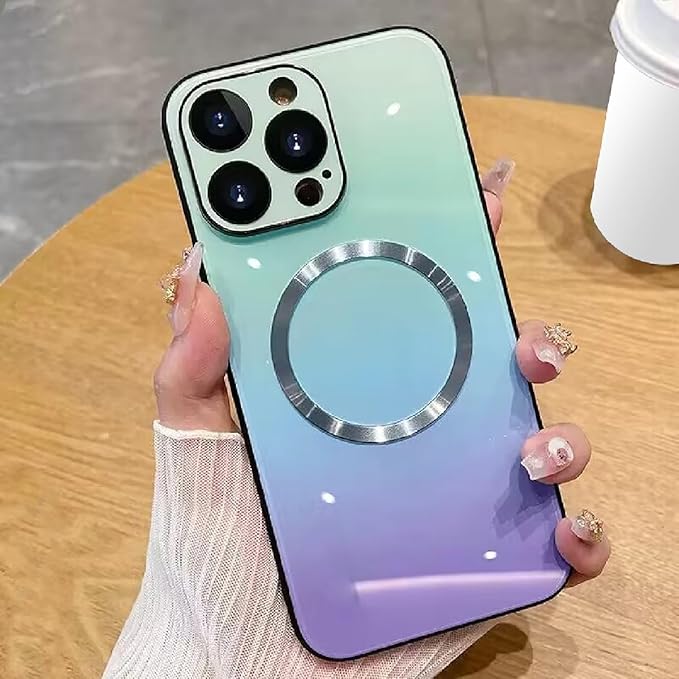 Guppy Compatible with iPhone 13 Pro Max Case Magnetic, with Full Camera Lens Protector [Compatible with MagSafe] Scratch Resistant Gradient Glass Back Cover Phone Case-Blue