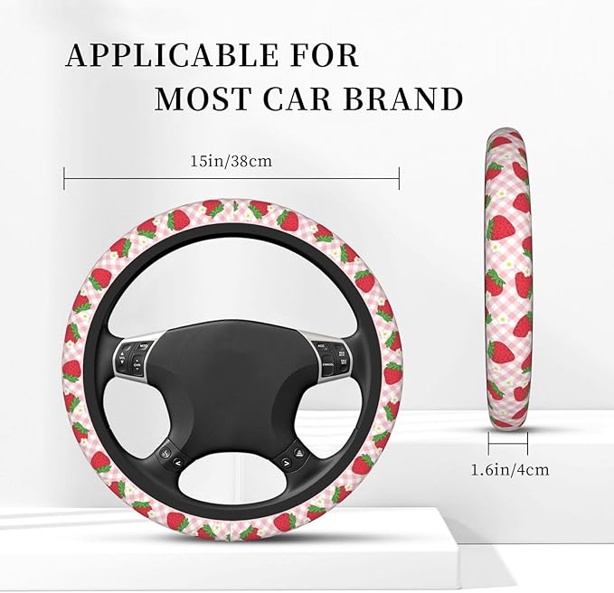 Pink Strawberry Steering Wheel Cover Women Men Floral Checked Elastic Stretch Soft Car Wheel Protector Universal Breathable No-Slip Car Accessories for Truck Van SUV Auto Fit 14-15 Inches