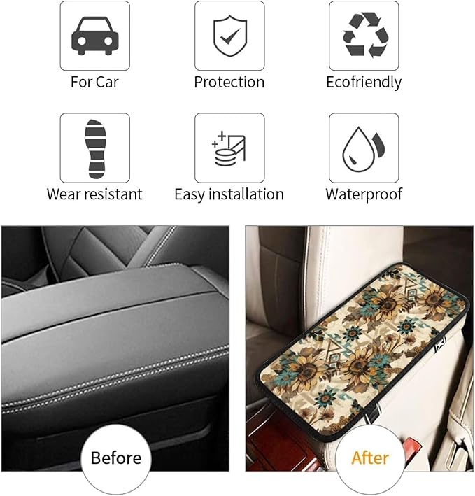 Armrest Cover Vintage Sunflower Center Console Pad Boho Geometry Car Accessories for Truck Van Sedans Scratch Resistant Armrest Cushion Pad