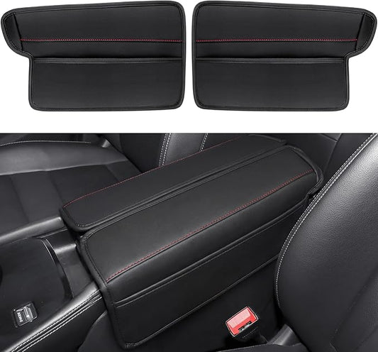 Center Console Armrest Cover for Nissan Rogue 2021-2026, Middle Console Pad Lid Cover Protector Elbow Arm Rest with Side Pockets, Rogue Interior Accessories, PU Leather (Red Stitches)