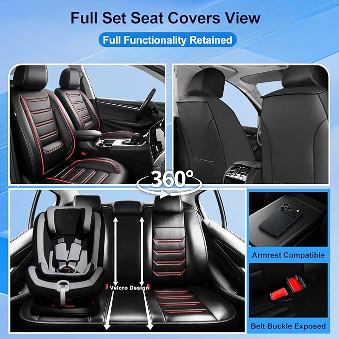 Fit CX-30 Car Seat Covers for Select Mazda CX30 2020-2025 - Premium Full Coverage Leather, Airbag Compatible, Luxury Waterproof All Weather Breathable Seat Protector, Full Set, Red Trim