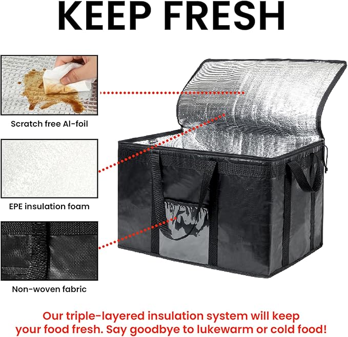NZ home Insulated Bags for Food Delivery (3XL PRO) Grocery Shopping Cooler Bag, Pizza Delivery, Hot & Cold Catering Tote, Reusable, Foldable & Heavy Duty (Gray)
