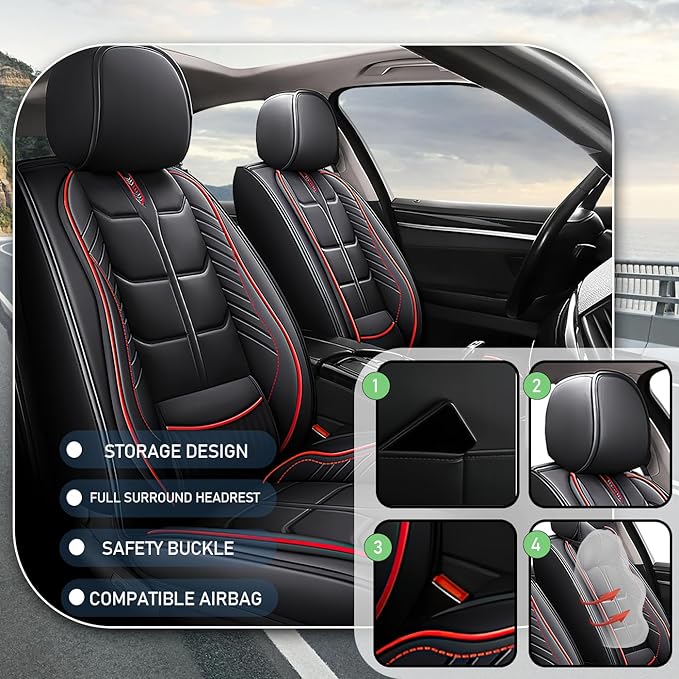 Leather Car Seat Covers Fit for Toyota 4Runner 1991-2024, 5 Seater Car Seat Cover, Premium Waterproof, Scratch Resistant Car Interior Accessories (Full Set Black Red)