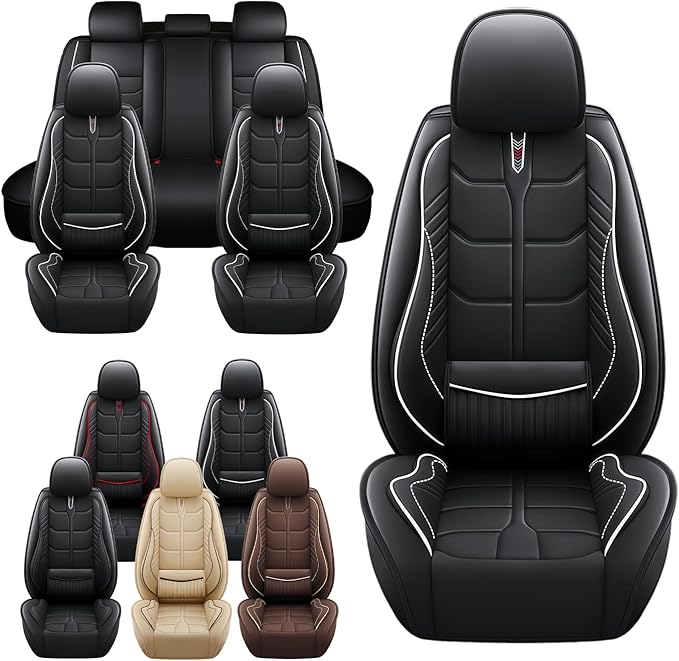 Leather Car Seat Covers Fit for Toyota Yaris 2007-2020, 5 Seater Car Seat Cover, Premium Waterproof, Scratch Resistant Car Interior Accessories (Full Set Black White)
